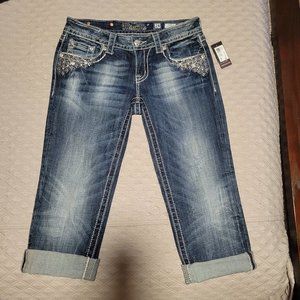 Miss Me - NWT - Size 28  Capri Jeans - Bling Studded Dark Wash - Distressed
